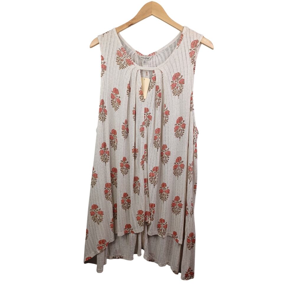 Lucky Brand Women Woodblock Floral Top Plus Size 2X Beige Boho Linen Blend Tunic